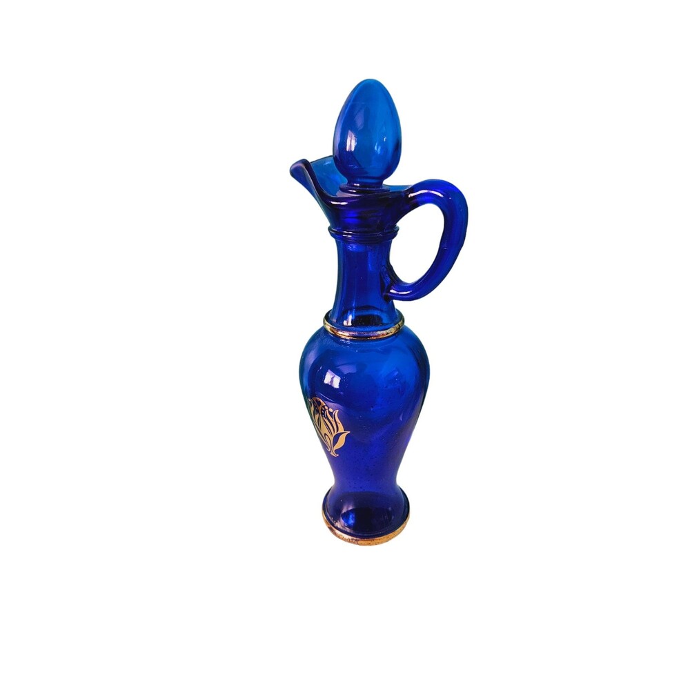 Vintage Avon Cobalt Blue Glass Decanter, Gold Trim Bath Oil Cruet